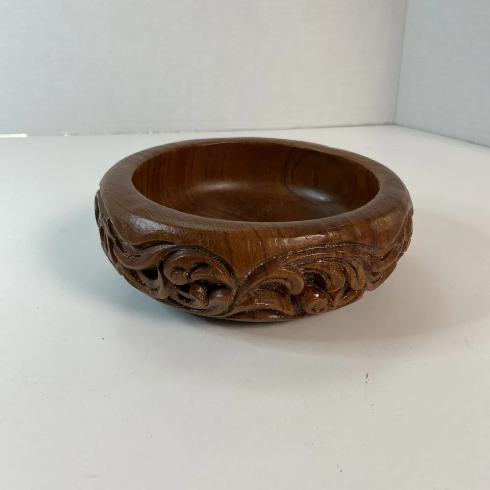 Vintage Decorative Teak Wood Carved Bowl Catch All Key Jewelry Trinket Dish